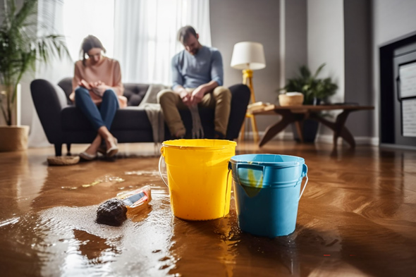 couple sitting on sofa with blue and yellow buckets in living room catching water flood from ceiling